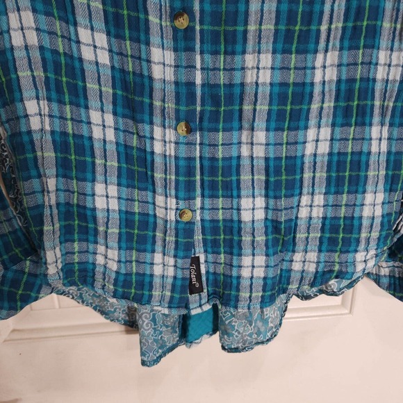 Tolani Womens Flannel Blue Green Plaid Slubbed Cotton Pleated Back Blouse Top M - Picture 4 of 11